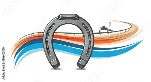 A stylized illustration featuring a metallic horseshoe centered against a dynamic, abstract background of flowing orange and blue lines resembling a horse racing track with a distant grandstand.