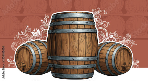 Vintage hand-drawn illustration depicts three wooden barrels with metal bands and spigots, on a brown background adorned with white floral patterns and subtle barrel outlines.