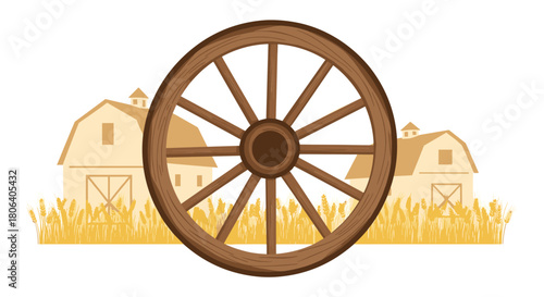 A rustic wooden wagon wheel prominently featured in the foreground, with traditional farm barns and golden wheat fields creating a peaceful rural backdrop.