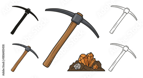 A diverse set of mining pickaxe illustrations featuring full-color, black silhouette, and outline styles, complemented by a depiction of amber crystals and rocks emerging from the ground.