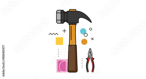 A digital illustration showcasing essential hand tools like a claw hammer and pliers, surrounded by colorful abstract geometric shapes, on a clean white background.
