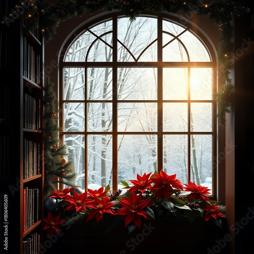 Christmas bookshelf background of interior home library study virtual room window view of forest trees fall winter snow poinsettia holiday flowers online webinar presentation teams meeting backdrop ch
