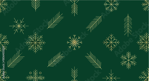 Elegant Gold Snowflake and Pine Pattern on Green Background Festive Christmas Design