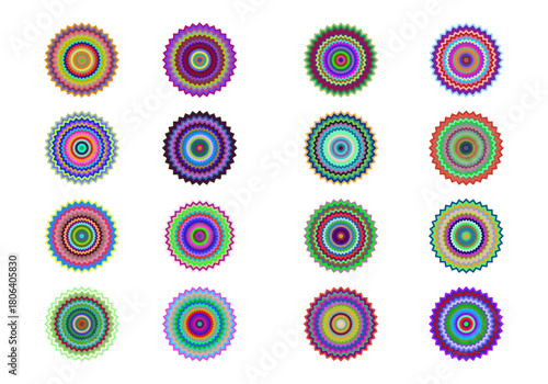 Set of colorful vibrant geometric rosette patterns, abstract art