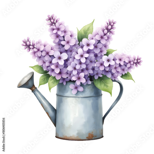 purple lilac flowers in watering can clip art preview