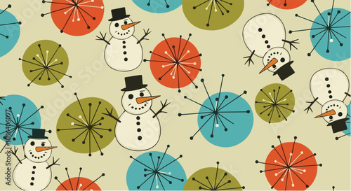 Festive Retro Snowman Pattern on a Light Beige Background with Mid-Century Modern Starbursts and Dots