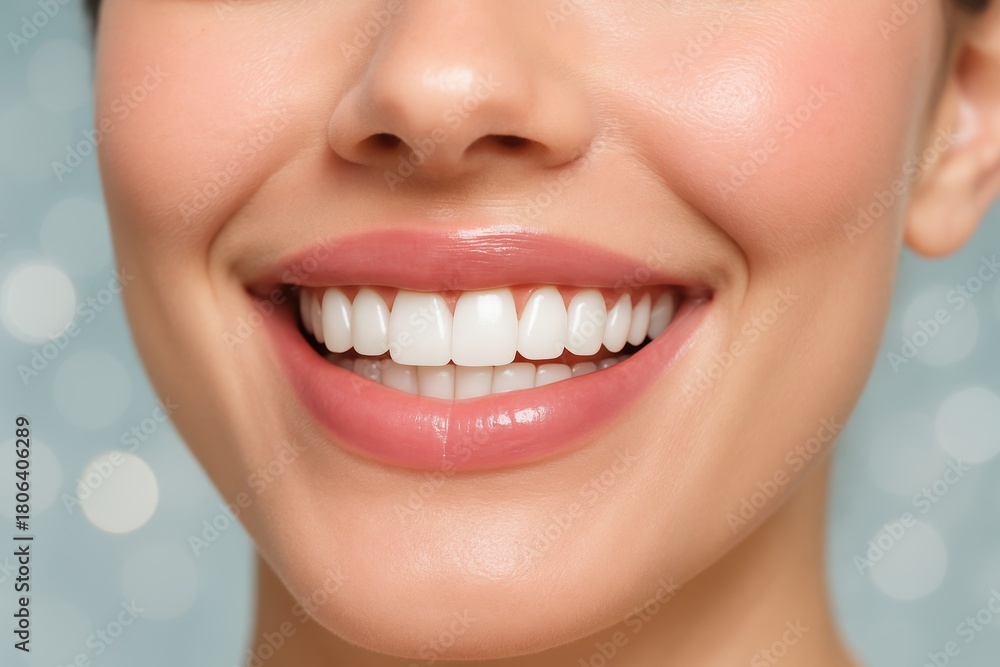 Fototapeta premium Close-up of a smiling woman's mouth showing perfect white teeth and healthy lips in a beauty and dental care concept on a soft bokeh light background. Ai generative