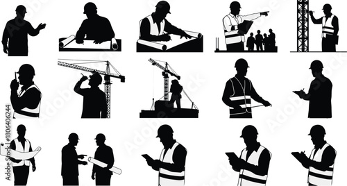 Construction Engineer Architect Worker Blueprint Crane Site Builder Safety Silhouette Plan