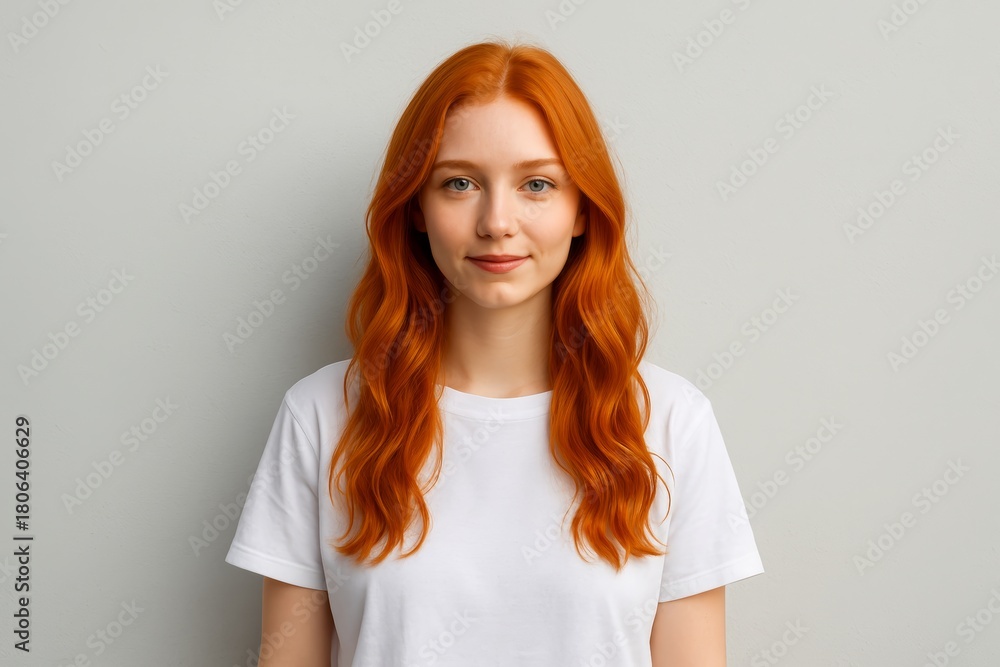 Fototapeta premium Confident young redhead woman with long wavy hair in white t-shirt standing against plain background, neutral expression, people concept portrait. Ai generative