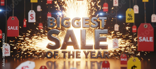 High energy commercial advertisement featuring silver 3D lettering Biggest Sale of the Year surrounded by bursting firework sparks and flying price sale labels tags banner and cover