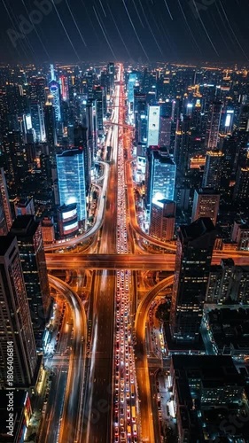Wallpaper Mural Vertical Aerial View Of A Vibrant Cityscape At Night With Intense Traffic Flow On A Multilevel Highway Illuminated By Orange Streetlights And Blue Building Lights Torontodigital.ca