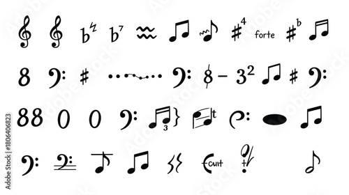 Collection of musical notation symbols and elements on a white background
