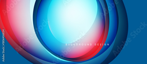 Abstract background features layered circular shapes. Blue, red, white colors blend creating dynamic visual effect. Smooth gradients dominate composition.