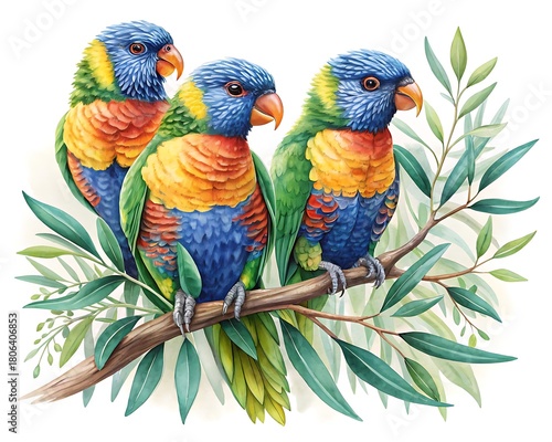 Three colorful rainbow lorikeets perched on a branch with green leaves
