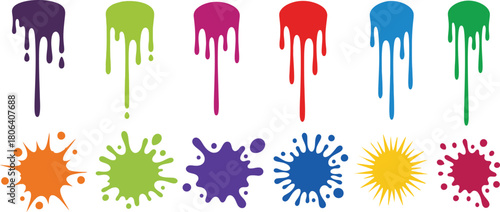 Vibrant dripping paint and splatter effects in multiple bright colors