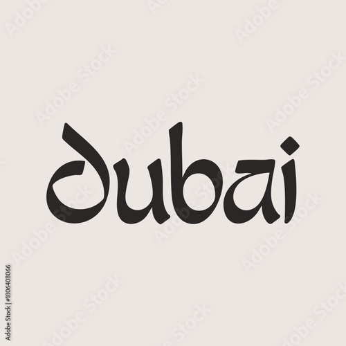 Dubai written in black font with a joining script style on a white background with a bold black stroke in vector format