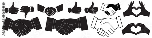 hand gesture and handshake icon set vector. thumbs up handshake and heart hand symbols. 