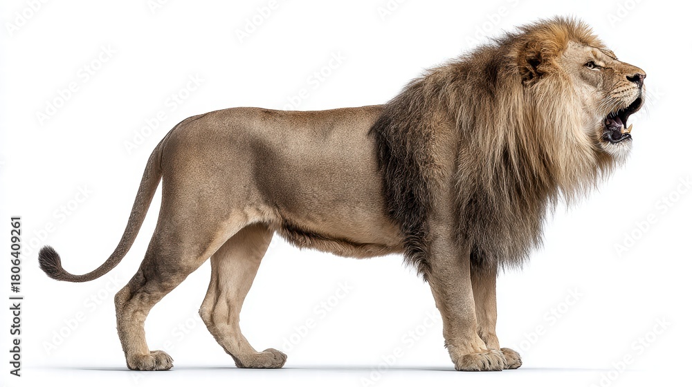 Obraz premium Majestic lion roaring against a clean white background, showcasing its power.