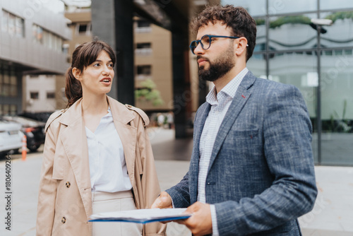 Fotografie A man and a woman in business attire are conversing outside in a modern cityscape