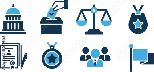 Law rules icon set.  Editable Collection of government office, court house, a voting box, scales of justice, a police badge, legal documents, medal, group of people representing management and flags. 