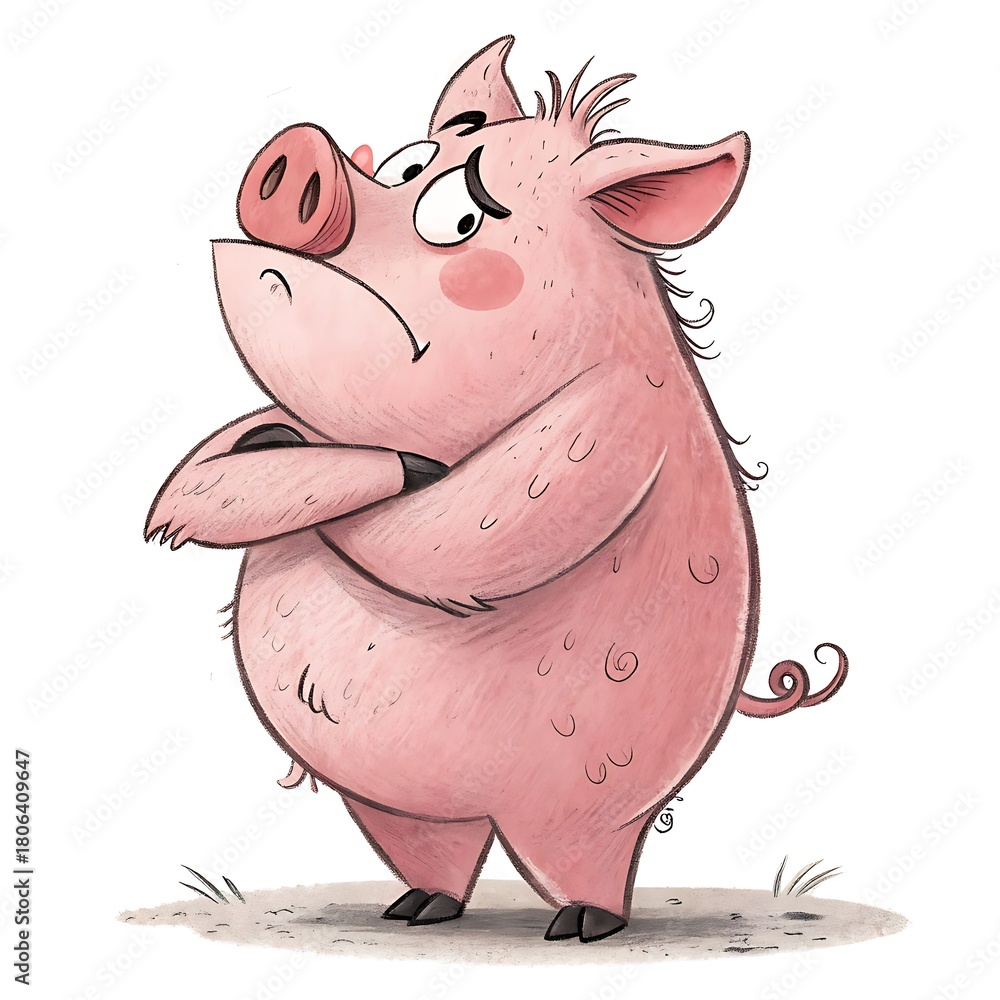 Fototapeta premium Cartoon pig standing with arms crossed looking annoyed