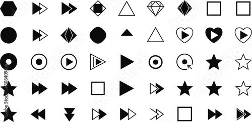Collection of grungy and distressed geometric and play button icons in black and white