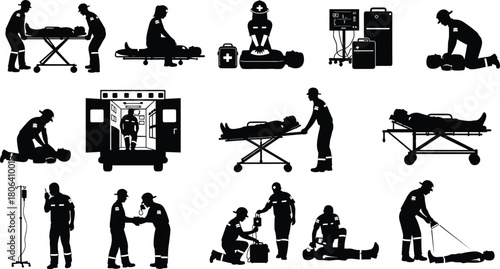 Paramedic First Responders Ambulance Emergency CPR Medical Aid Rescue Silhouette Vector