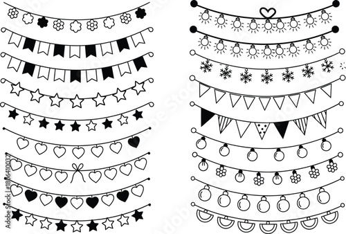 Hand drawn decorative bunting flags and garlands for celebrations and parties