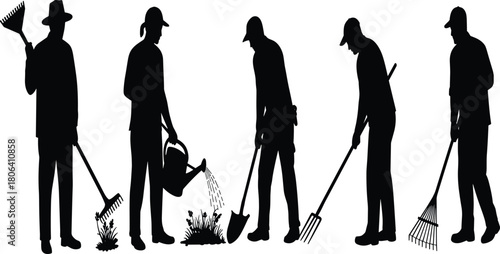 Gardening activity icon set, silhouette people with rake, shovel, watering can, pitchfork, black and white illustration, outdoor work, nature, tool grid