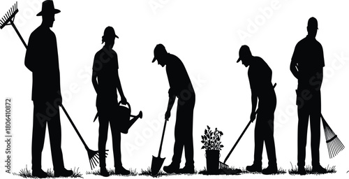 Gardening worker icon set, silhouette people with rake, shovel, watering can, hand tool, black and white illustration, outdoor task, nature grid