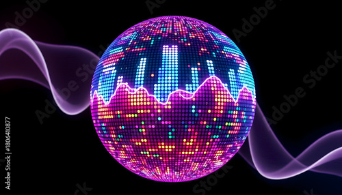 Bright 3D sphere with wavy pixelated surface on black background. Abstract concept of sound waves, artificial intelligence (AI) or big data. Looped 4K video of vibrant color digital music equalizer