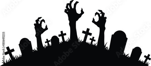 Graveyard silhouette with rising zombie hands and tombstones, vector illustration for Halloween horror theme and editorial spooky content