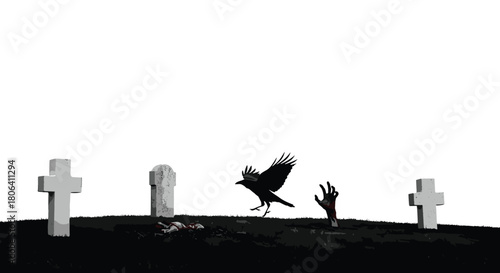 Graveyard silhouette with tombstones, crow, and rising hand, vector illustration for Halloween horror theme and editorial spooky content