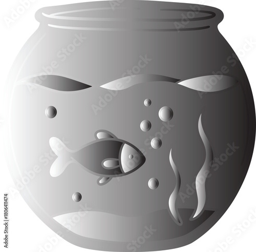 Grayscale fishbowl illustration with fish, bubbles, and aquatic plants, stylized vector design for pet care and underwater concept