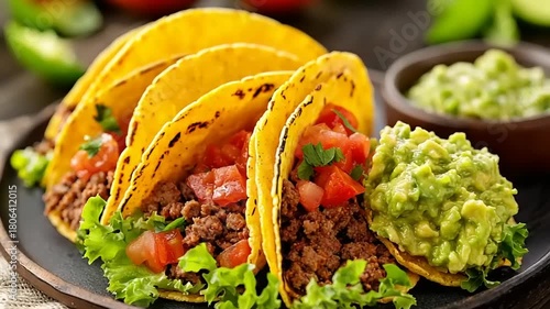 Platter of delicious ground meat tacos with fresh tomatoes and guacamole.