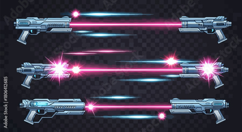 Set of futuristic laser guns with glowing beams and energy effects, perfect for scifi, gaming, or actionthemed designs, showcasing advanced technology and dynamic visual impact
