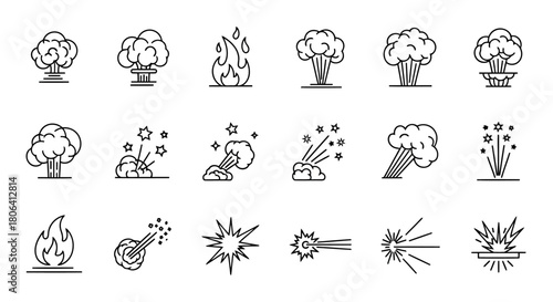 Collection of explosion icons in linear style set of vector illustrations of various types of explosions, fire, fireworks, and other effects