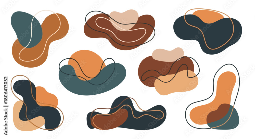 Naklejka premium Abstract organic shapes with fluid form, modern blob elements, trendy graphic design, and minimalist aesthetic