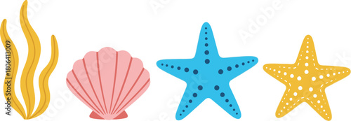 Sea life illustration starfish seashell seaweed ocean theme vector art colorful nautical design graphic