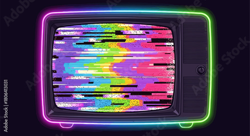 Retro television with colorful glitch screen, vintage tv with neon light, old television with rainbow static noise, and analog tv with distorted image