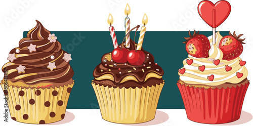 Delicious cupcakes vector illustration for birthday party and sweet dessert bakery shop design