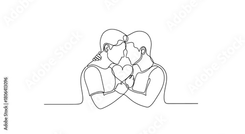 Continuous line drawing of a gay couple embracing, symbolizing love, unity, and connection within the lgbtq community