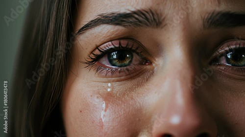 Young woman crying with tears running down her face in closeup  