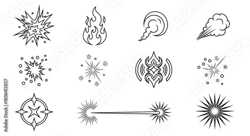 A versatile set of line art icons featuring various explosive effects, fire, smoke, sparks, and starbursts, ideal for adding dynamic visual elements to games, animations, or graphic designs