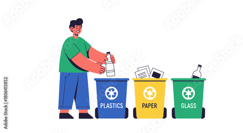 Young man responsibly sorting household waste into different recycling bins for plastics, paper, and glass, promoting an eco-friendly and sustainable lifestyle concept