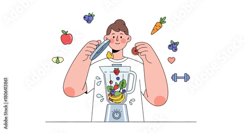 Healthy lifestyle concept with a person making a fruit smoothie in a blender, surrounded by fresh ingredients and wellness symbols