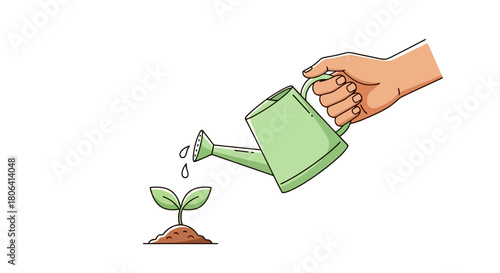 Caring for New Life Hand Watering a Young Plant with a Watering Can
