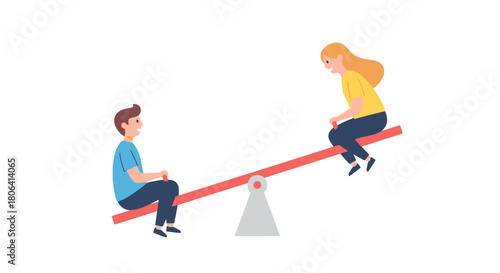 Playful illustration featuring two children, a boy and a girl, enjoying a classic seesaw ride, symbolizing balance, interaction, and the pure joy of childhood games and outdoor fun