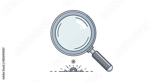 Magnifying glass examining a small sunburst, concept of investigation, search, and analysis in a minimalist design