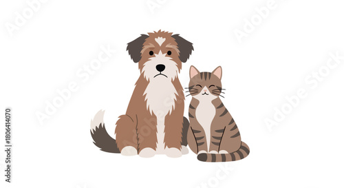 A charming illustration of a fluffy brown dog and a striped tabby cat sitting closely together, depicting animal companionship